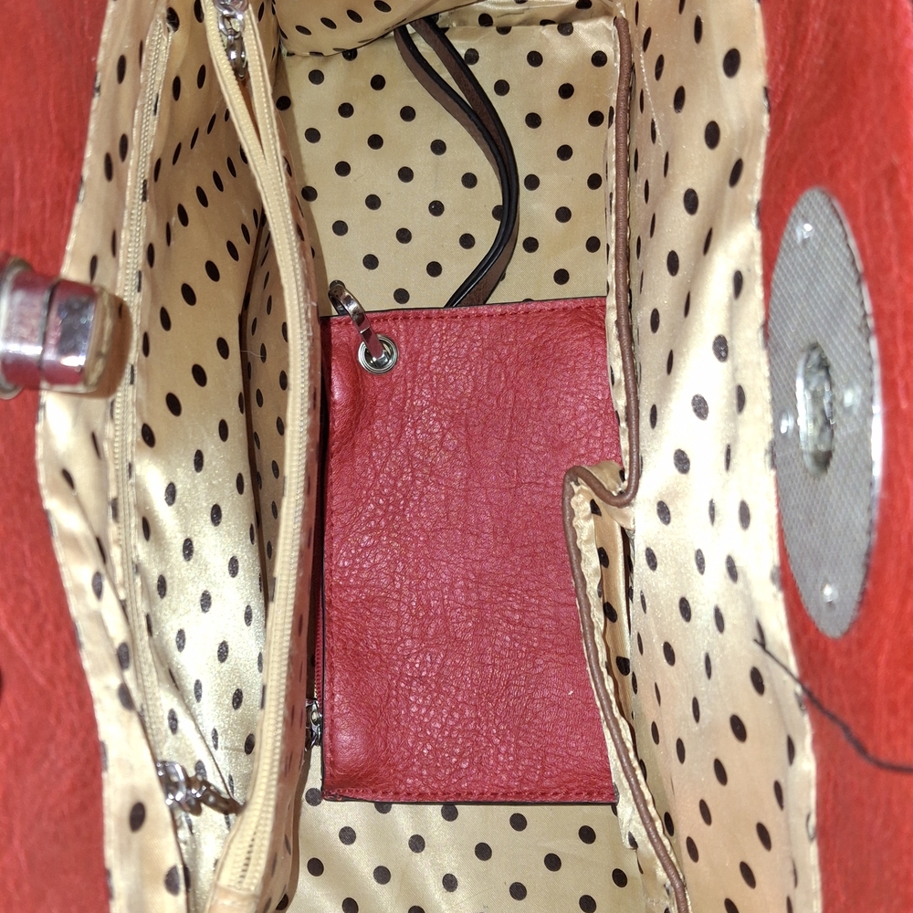 Vibrant Red Satchel with Brown Accents and Rhinestone Details - Picture 3 of 3